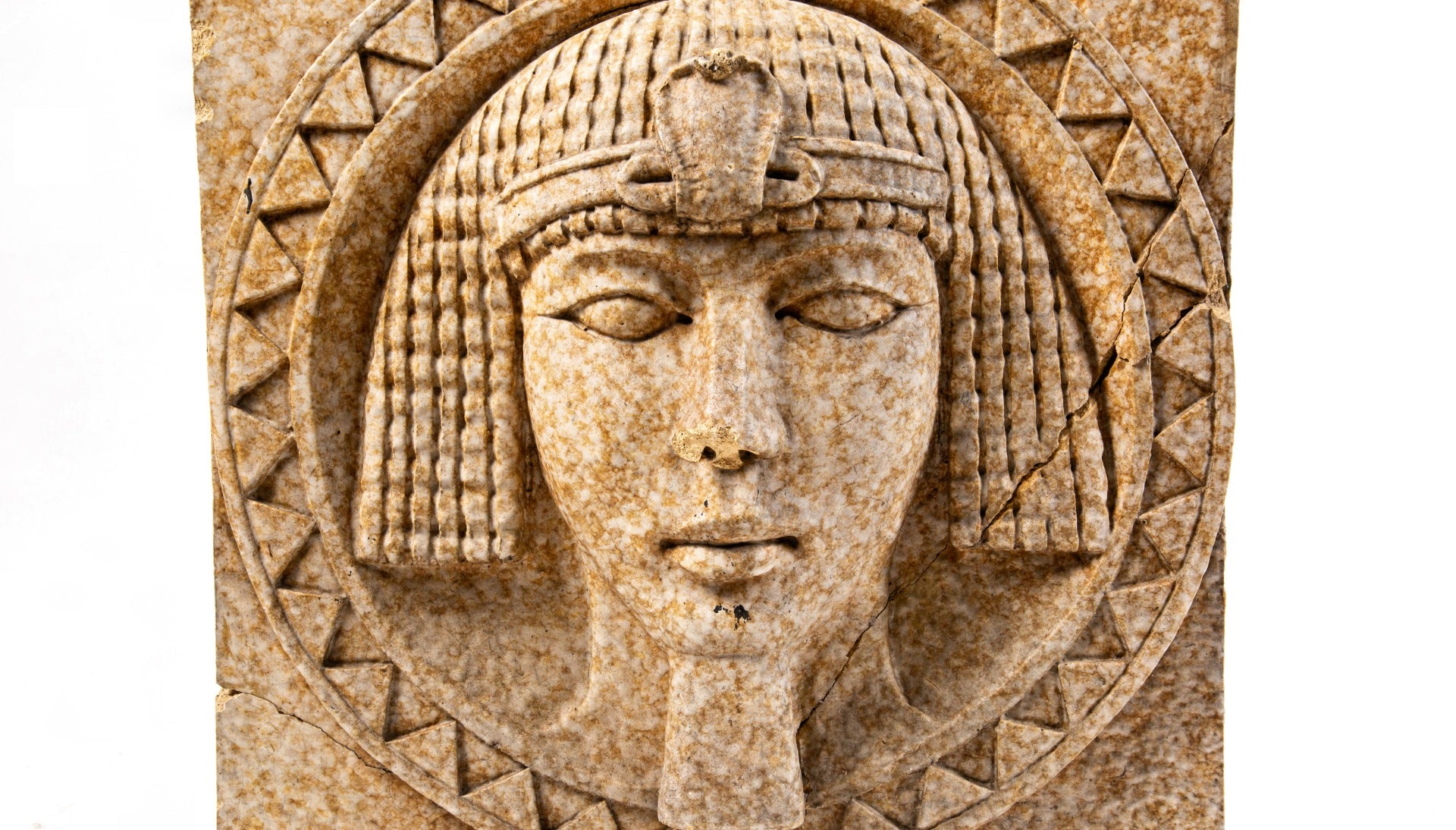 original 1928 exterior egyptian-revival style mottled finish terra cotta pharaoh head salvaged from knights of pythias building