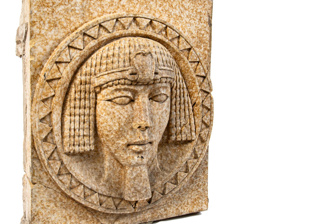 original 1928 exterior egyptian-revival style mottled finish terra cotta pharaoh head salvaged from knights of pythias building