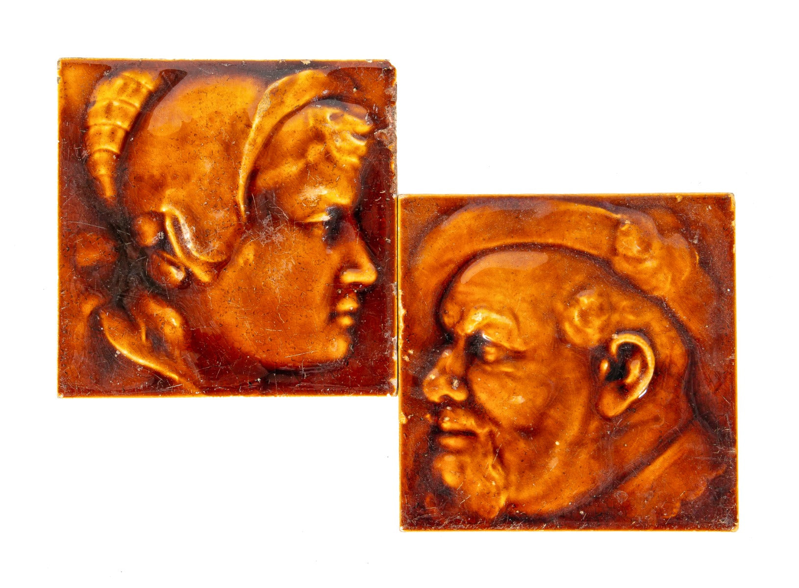 matching set of original 19th century unusual american encaustic tile (a.e.t.) residential figural 6 x 6 majolica tiles