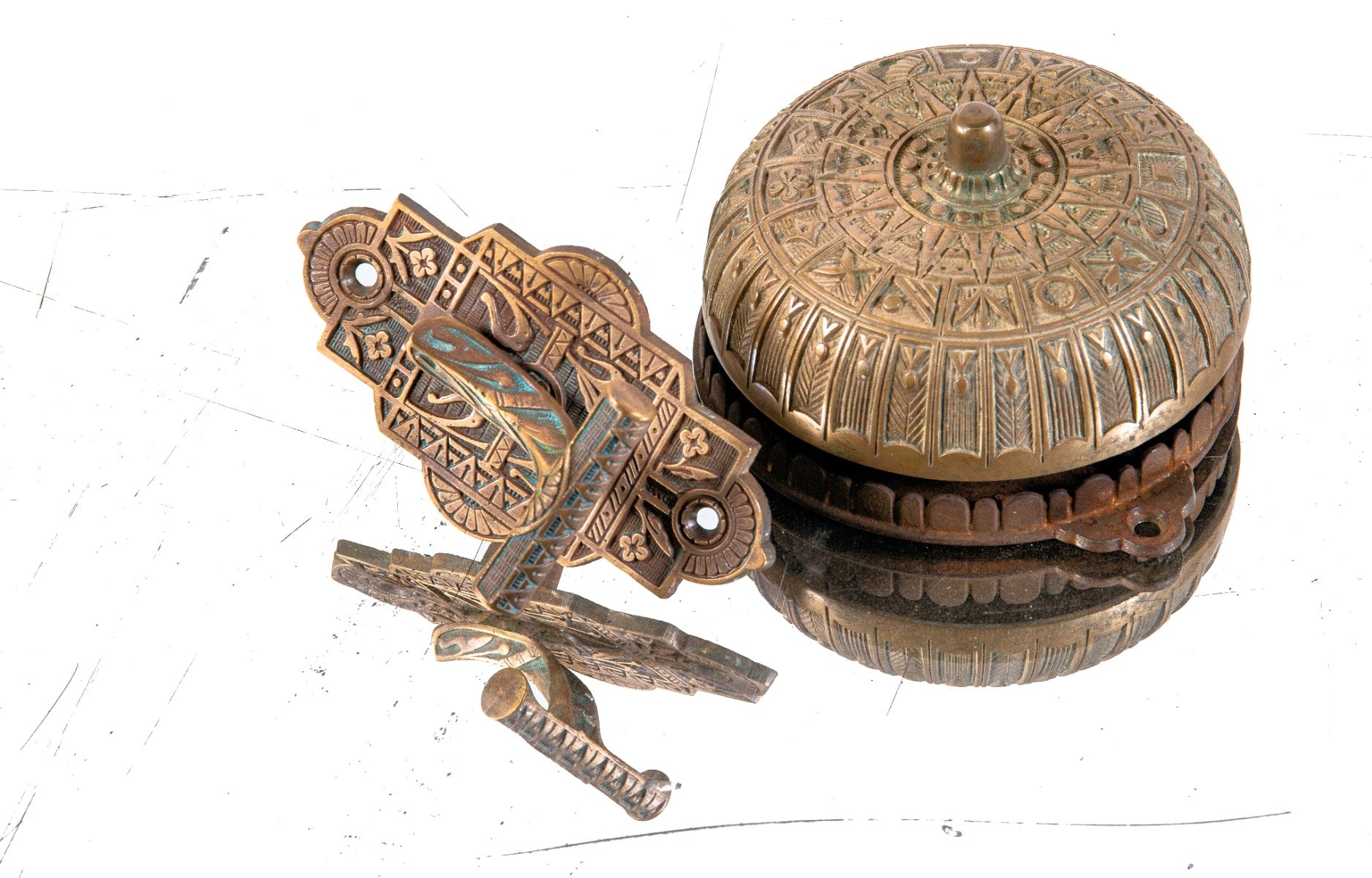 original 1880s fully functional salvaged chicago eastlake style exterior residential doorbell with t-handle and backplate