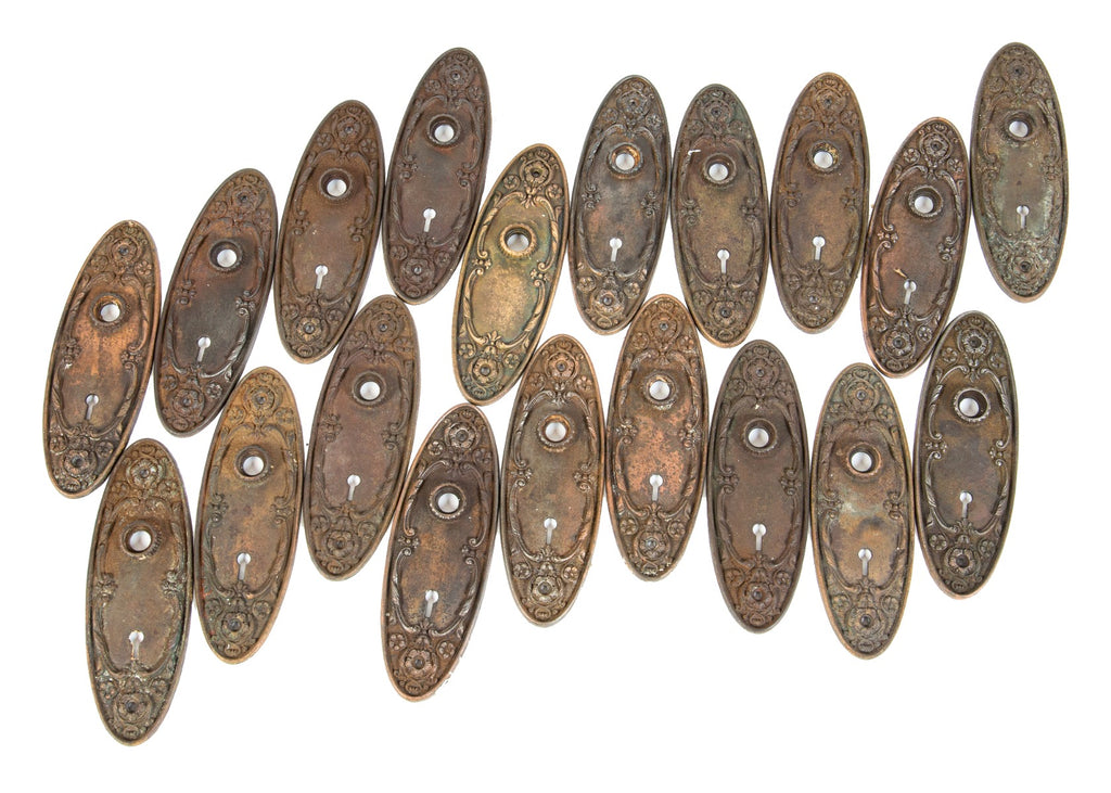 early 20th century antique american ornamental cast iron "arcadia" pattern interior residential doorknob backplates