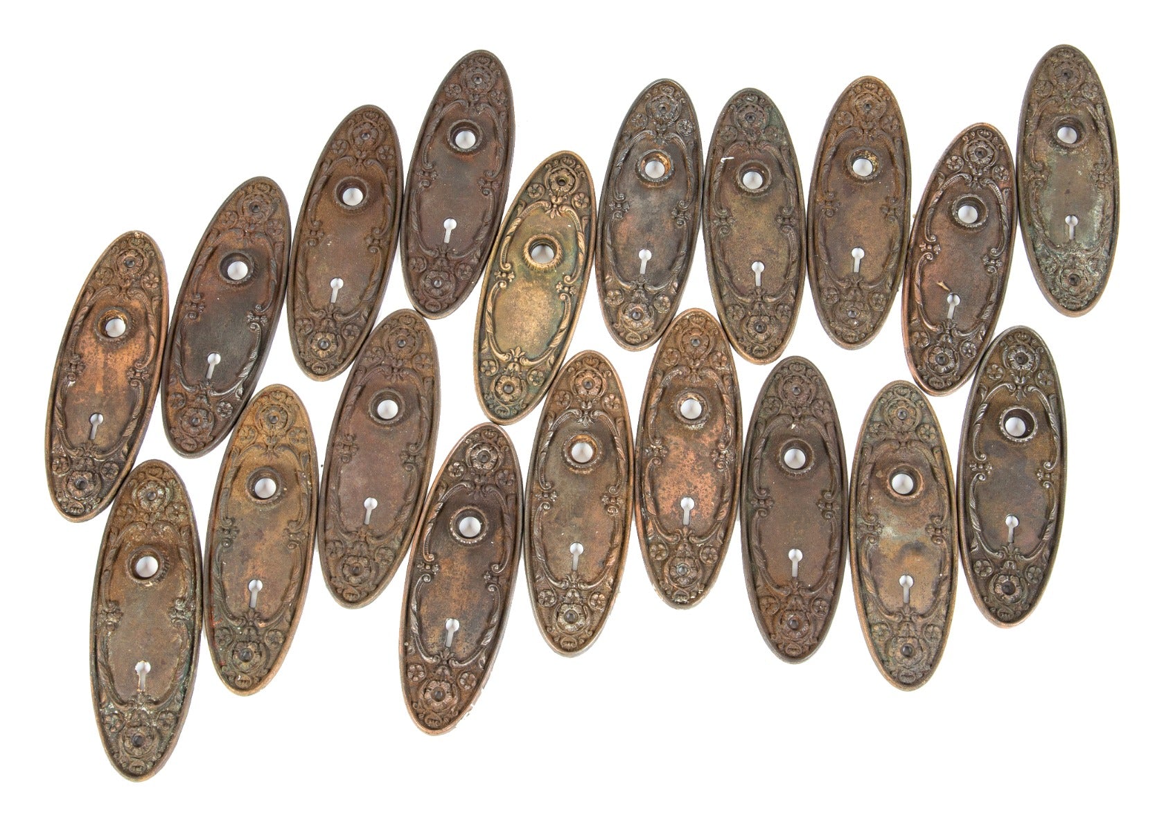 early 20th century antique american ornamental cast iron "arcadia" pattern interior residential doorknob backplates