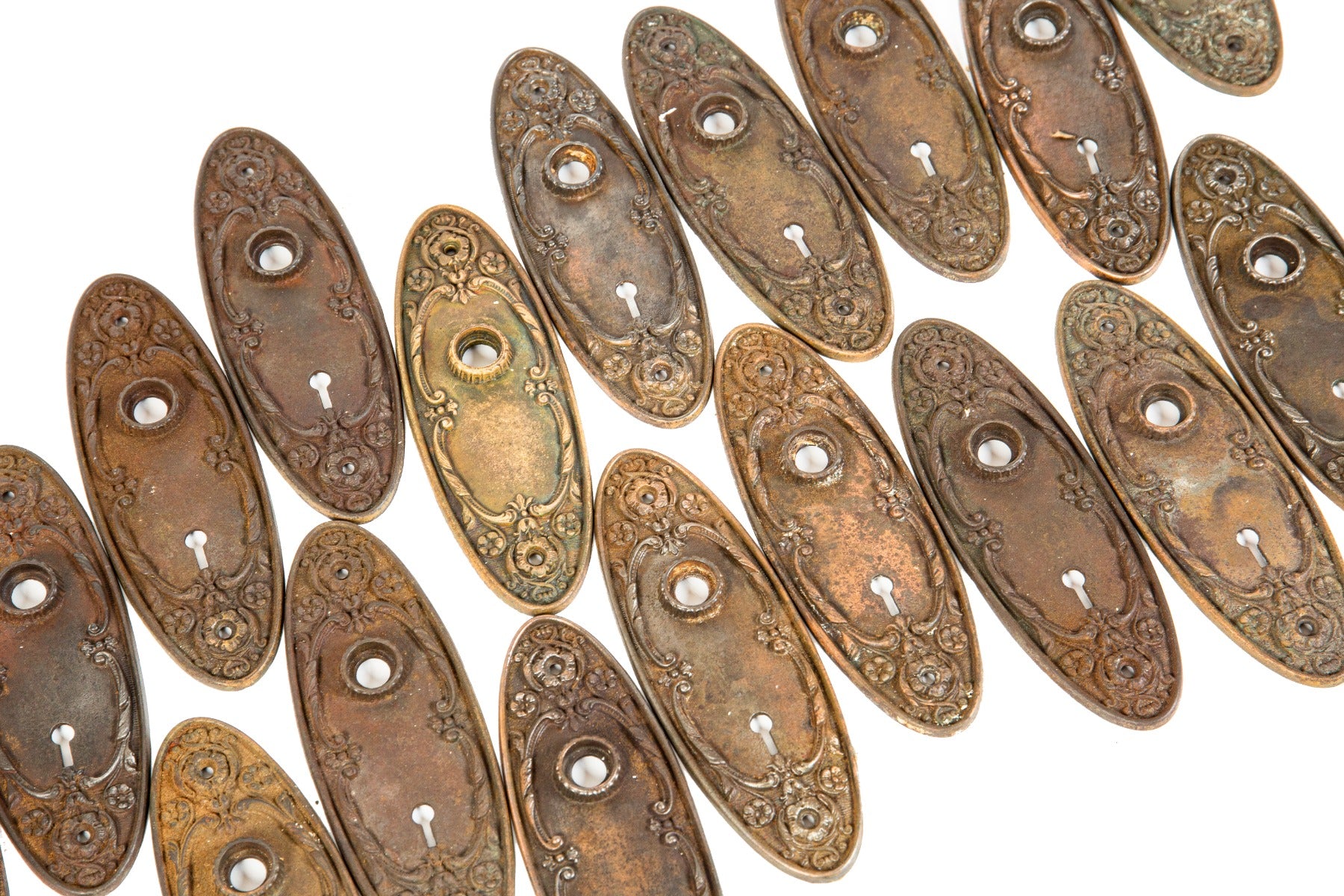 early 20th century antique american ornamental cast iron "arcadia" pattern interior residential doorknob backplates