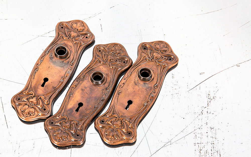 group of three matching interior residential copper-plated stamped steel art nouveau style "nouvelle" doorknob backplates