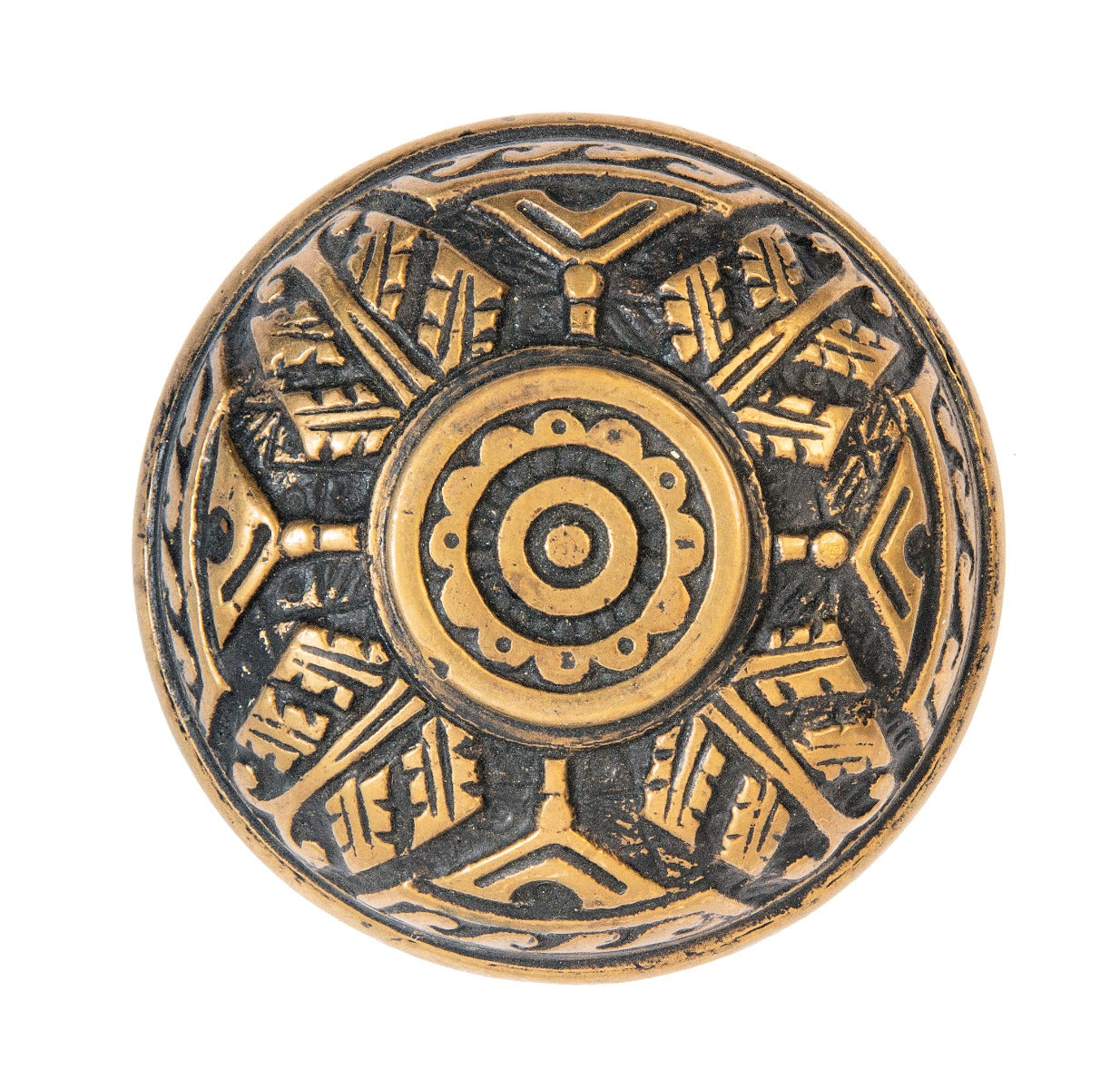19th century american victorian-era ornamental cast brass banded rim doorknob with black enameled inlay