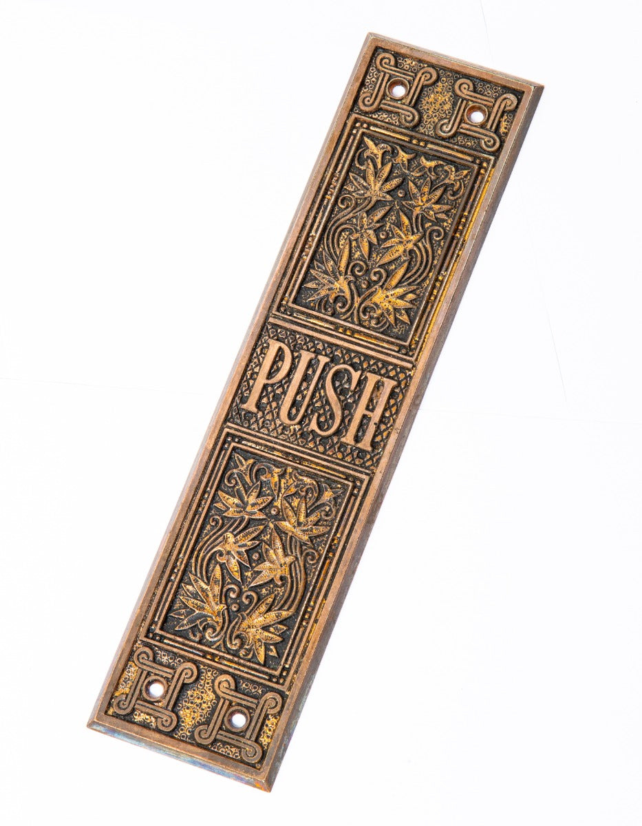 original 19th century antique american ornamental brass-plated cast iron victorian swinging door "romanesque" push plate