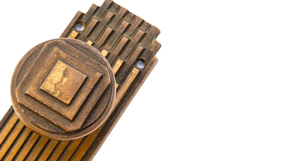 rare american art deco "skyscraper" style ornamental cast bronze kansas city union carbide building doorknob and backplate