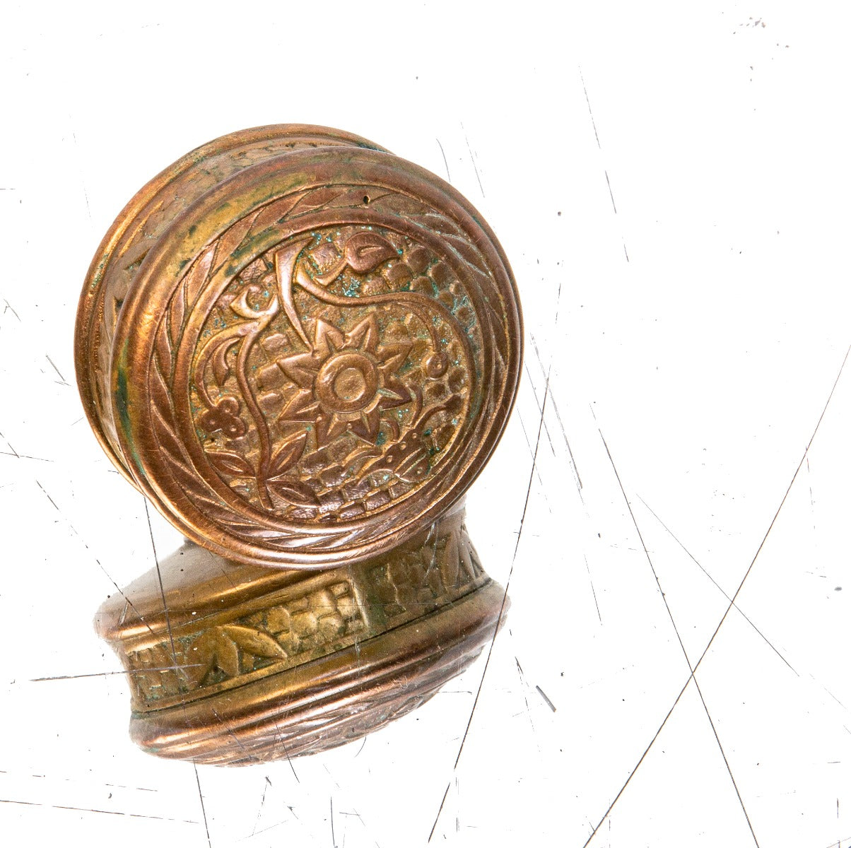 1880s uniquely shaped ornamental cast bronze drum-shaped "blue bell" antique doorknob by norwalk lock company