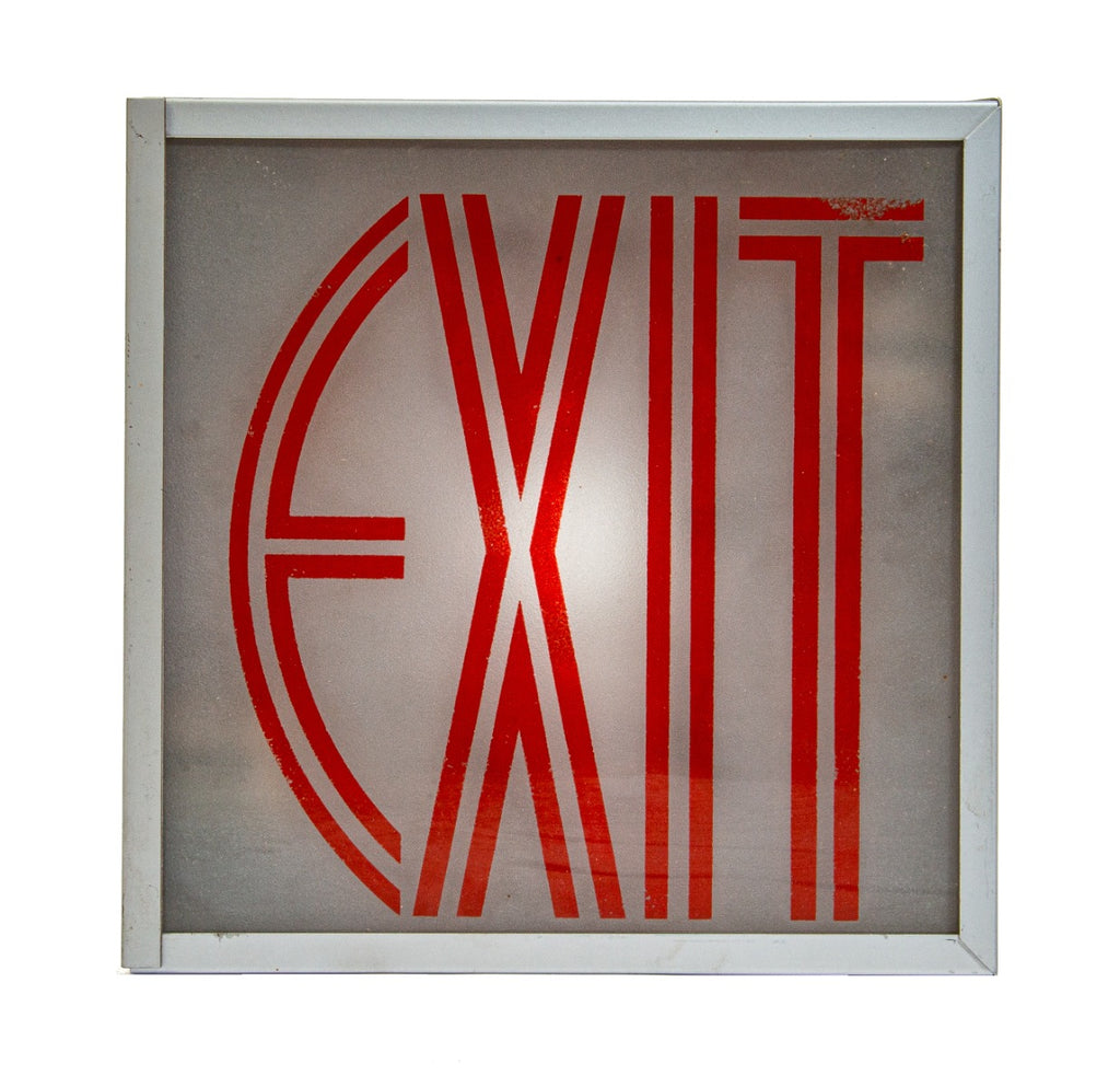 original american depression-era art deco style interior illuminated theater exit light with distinctive red lettering