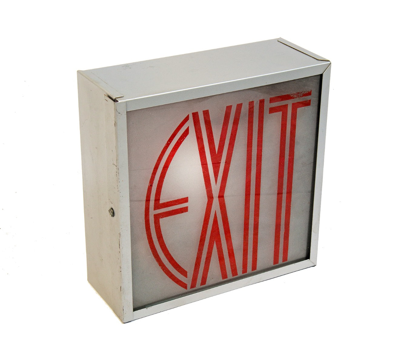 original american depression-era art deco style interior illuminated theater exit light with distinctive red lettering