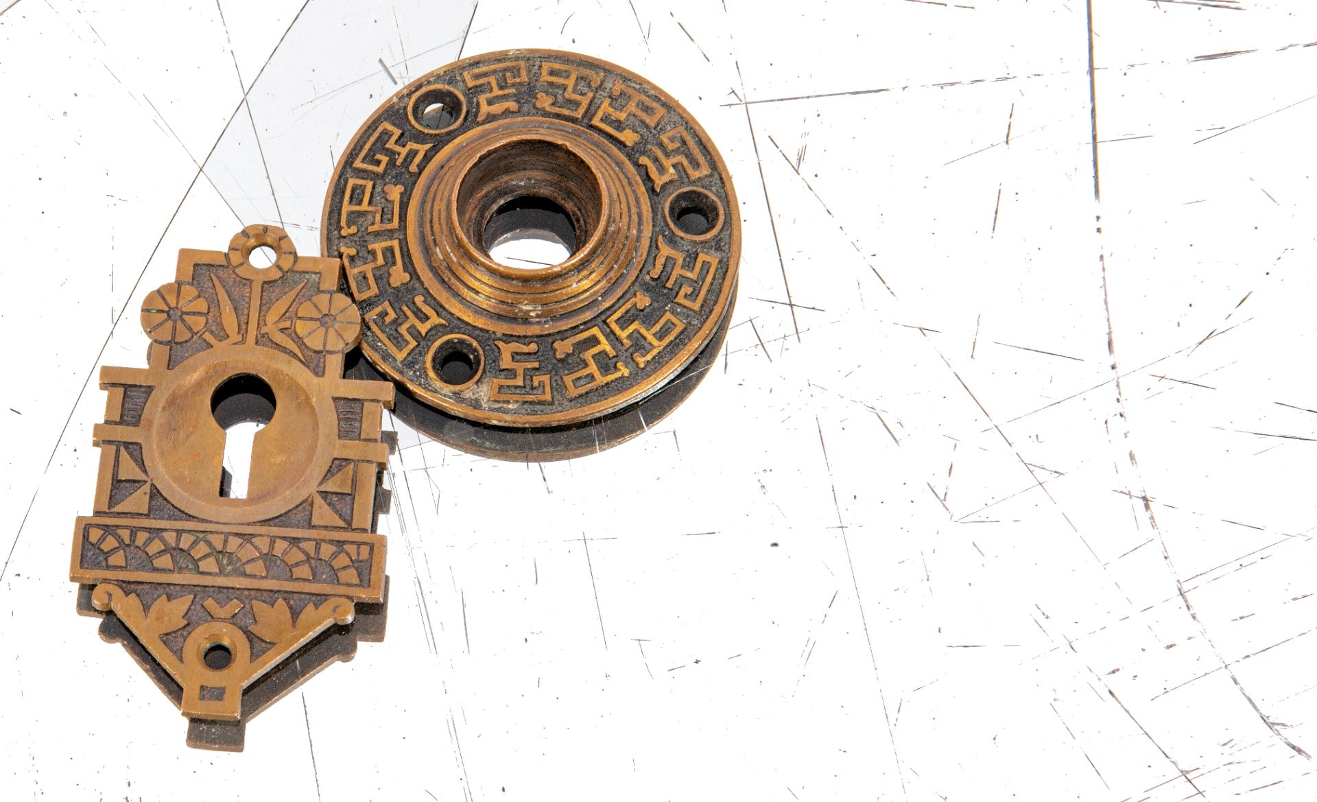 rare 19th century anglo-japanese ornamental cast bronze geisha girl doorknob rosette and matching key escutcheon