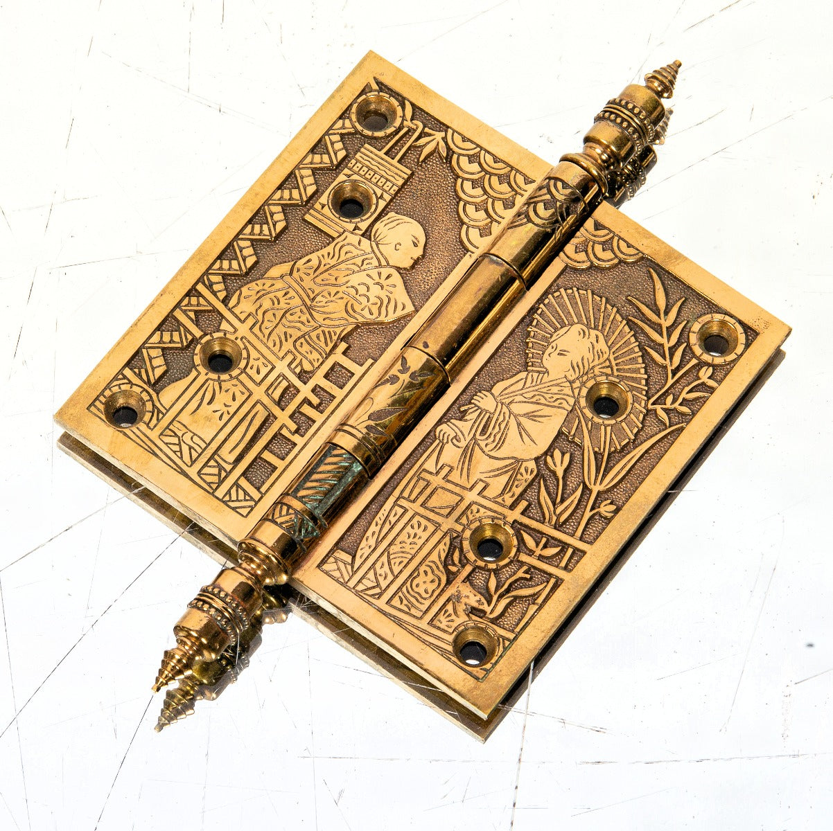 original 1880s salvaged chicago ornamental cast bronze anglo-japanese style figural door hinge with distinctive finials