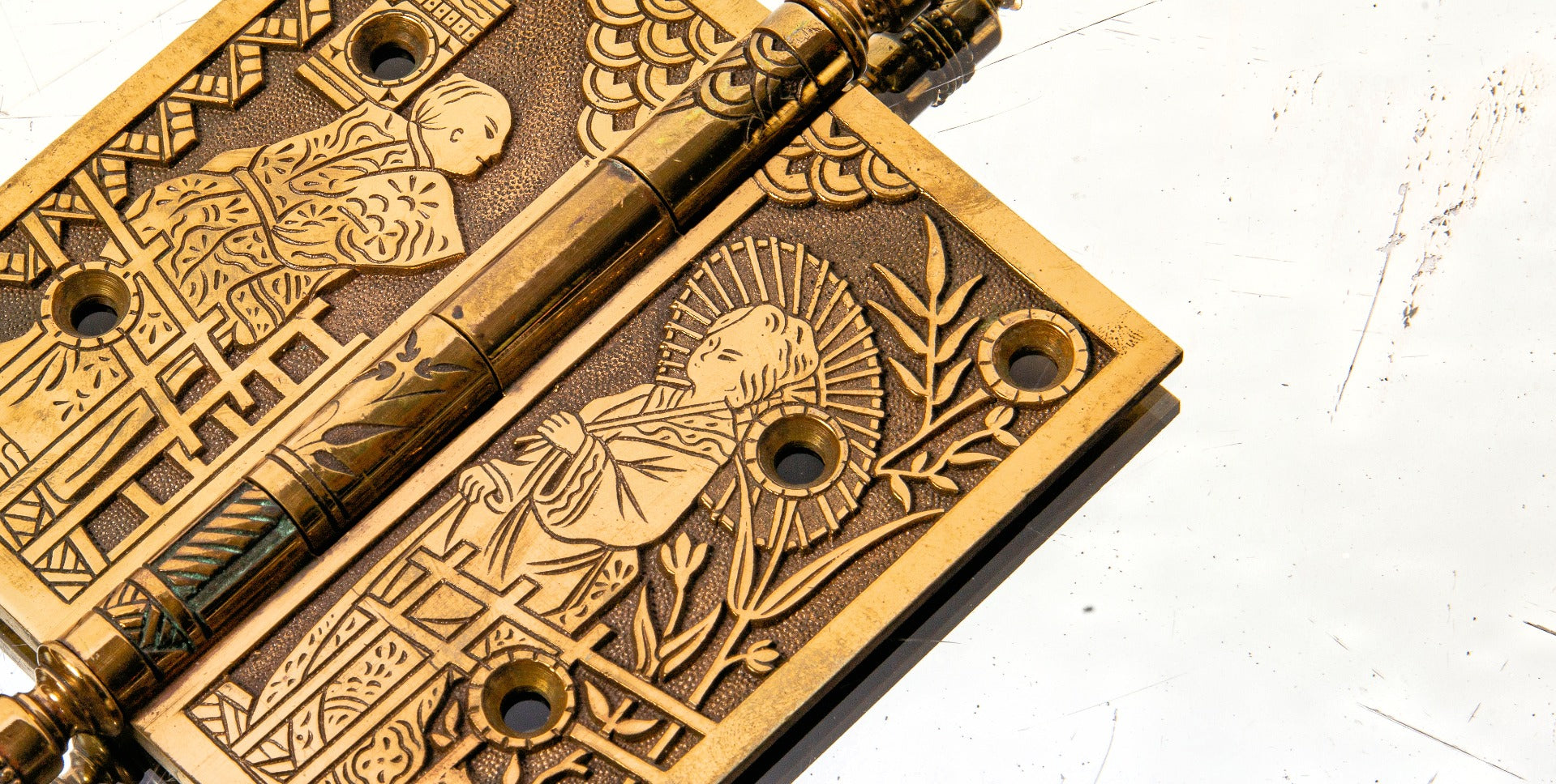 original 1880s salvaged chicago ornamental cast bronze anglo-japanese style figural door hinge with distinctive finials