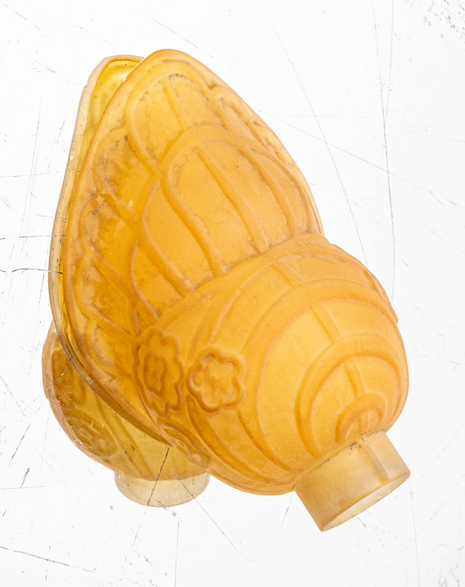 depression-era american art deco style pressed ornamental glass ceiling fixture or wall sconce slip shade with embossed floral motifs