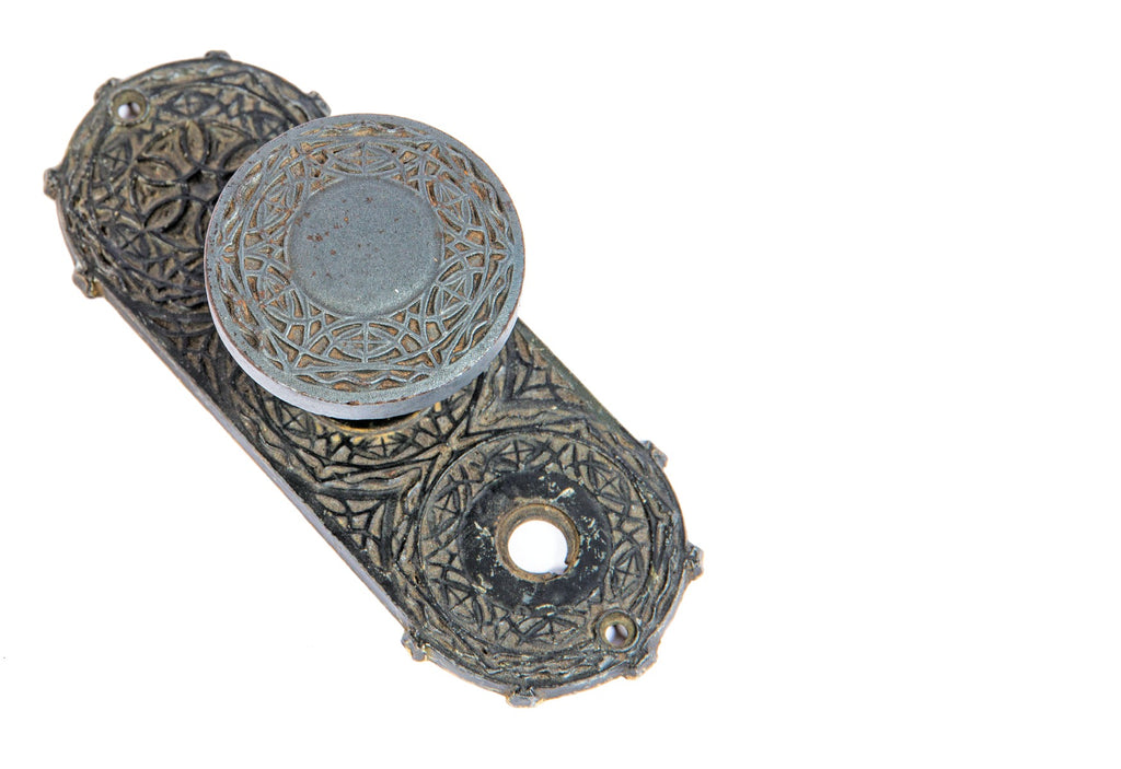 original 1893 louis sullivan-designed yale & towne chicago stock exchange cast iron doorknob and matching backplate