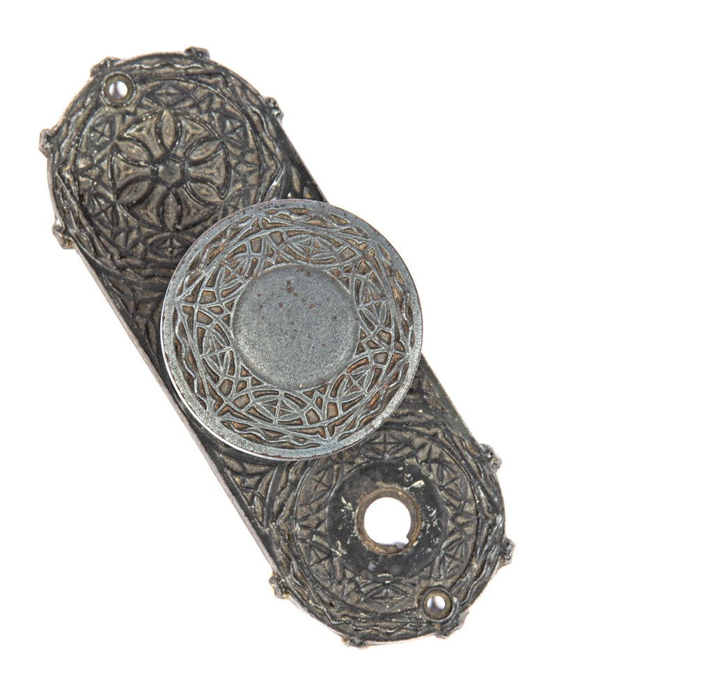 original 1893 louis sullivan-designed yale & towne chicago stock exchange cast iron doorknob and matching backplate