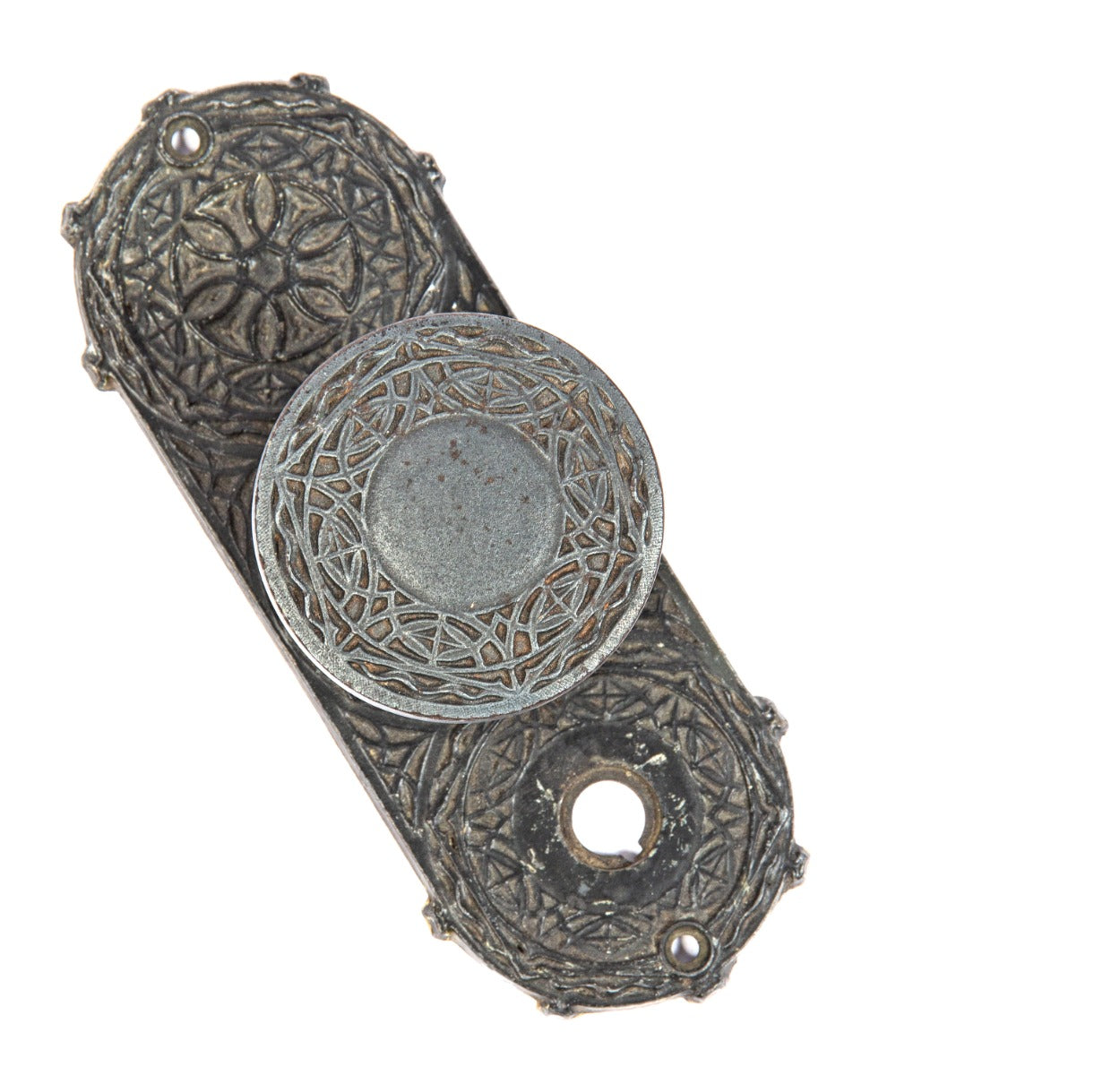 original 1893 louis sullivan-designed yale & towne chicago stock exchange cast iron doorknob and matching backplate