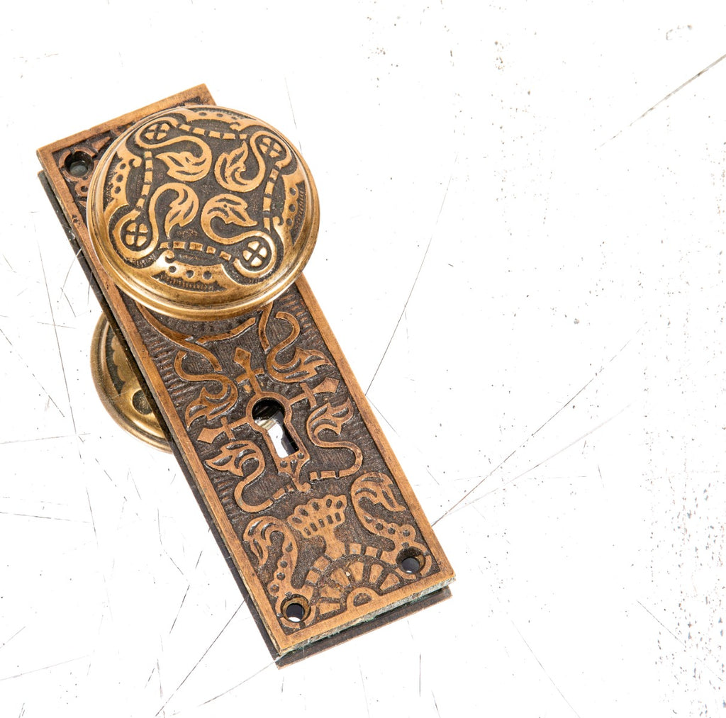 late 19th century salvaged chicago antique american ornamental cast brass doorknob and matching backplate