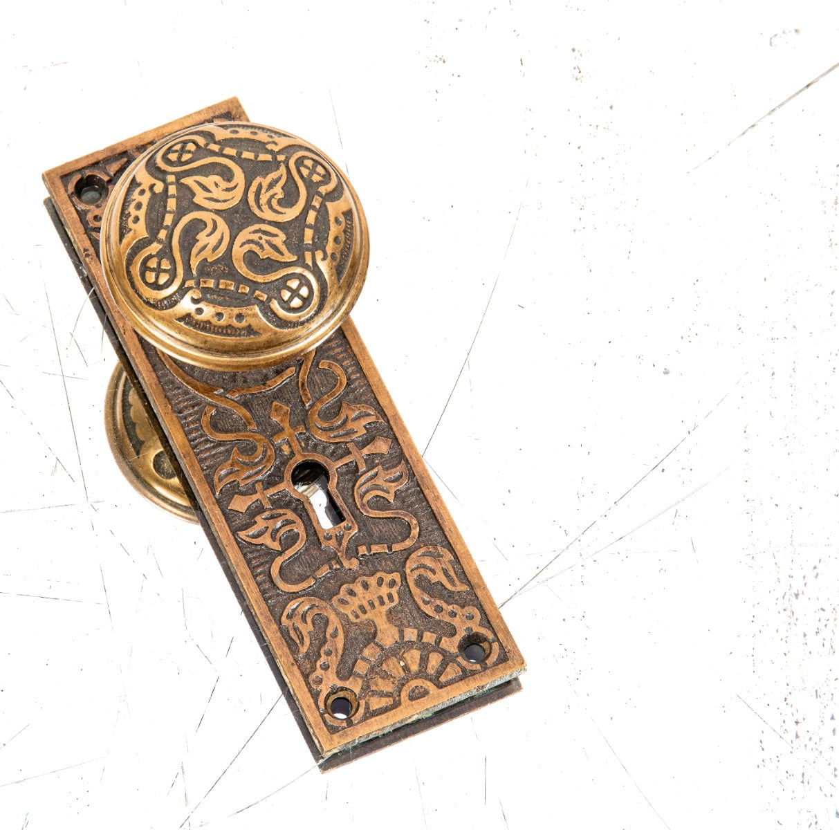 late 19th century salvaged chicago antique american ornamental cast brass doorknob and matching backplate