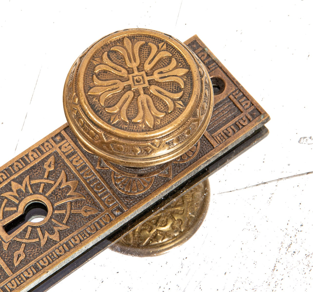 1880s salvaged chicago ornamental cast brass residential entrance door backplate and matching doorknob
