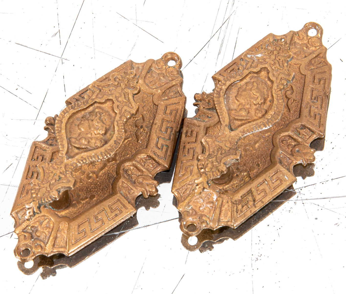 matching set of original 1870s ornamental cast bronze high victorian salvaged chicago curtain tie-backs