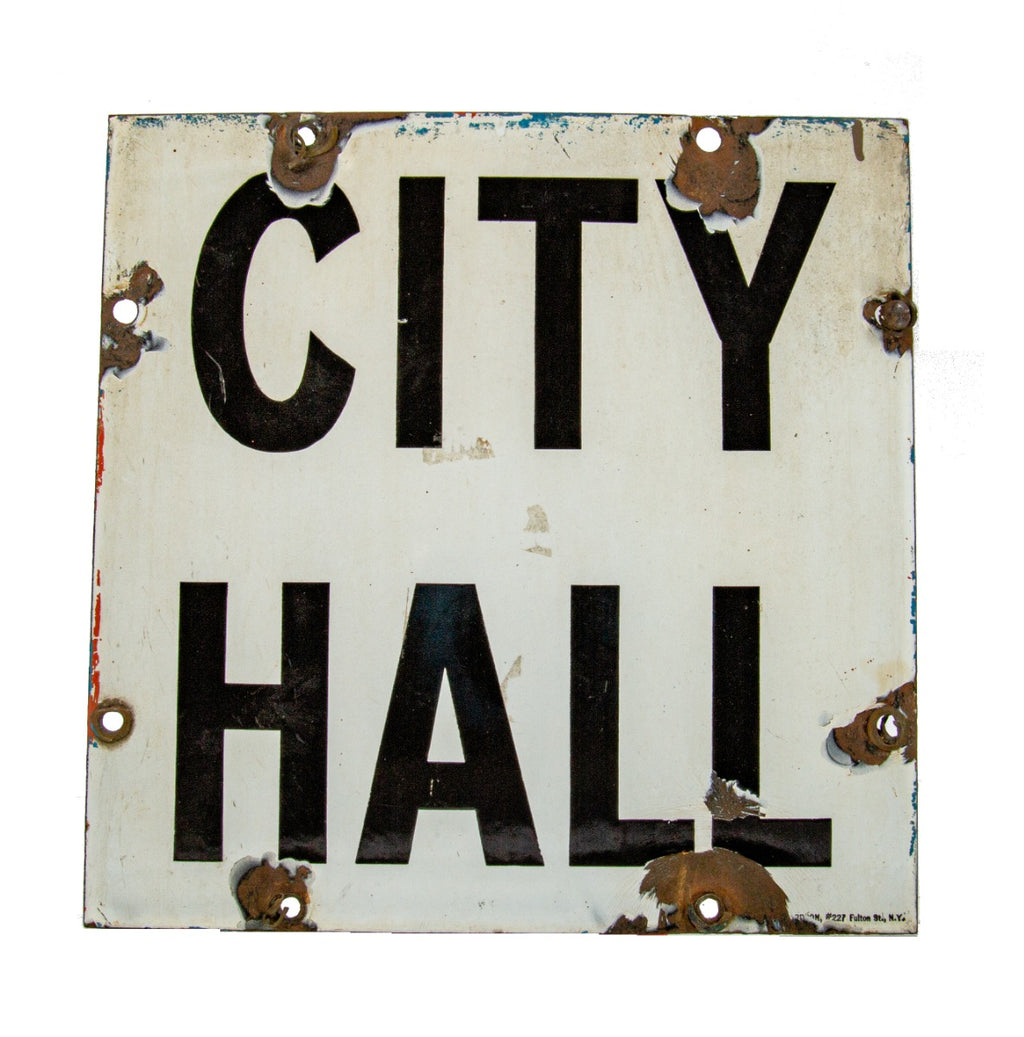 c. 1930's american industrial single-sided new york subway city hall station flush mount porcelain enameled column sign