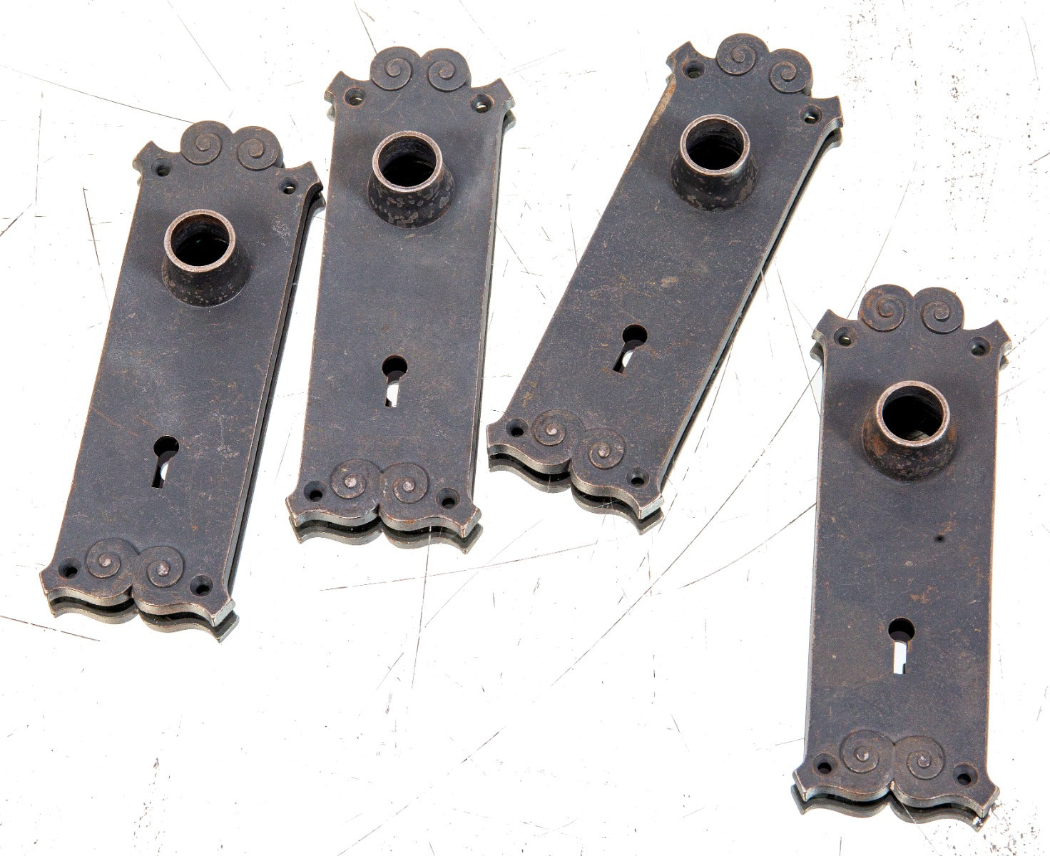 group of matching 19th century original reliance building interior office door cast iron backplates with bower-barff finish