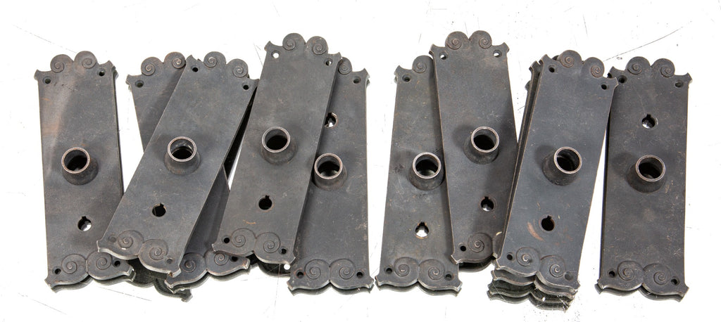 ten matching original 1890s interior reliance building office cast iron doorknob backplates with original bower-barff finish