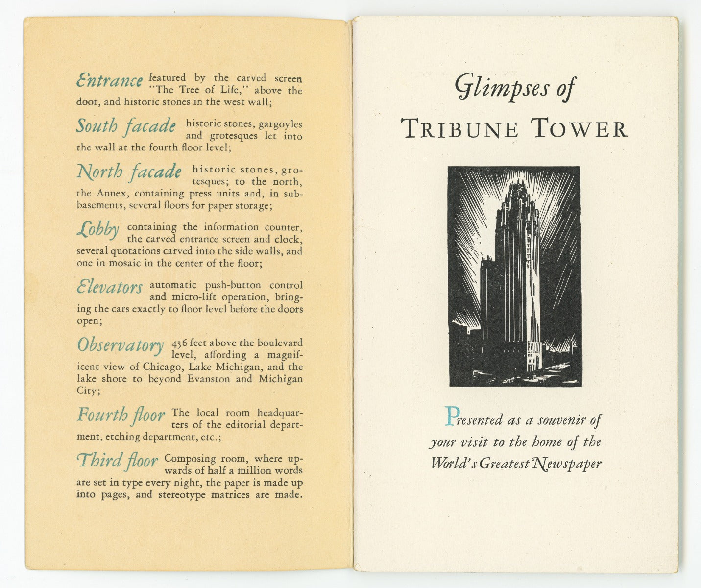 original 1930s hard to find chicago tribune tower observatory ticket stub and profusely illustrated souvenir booklet