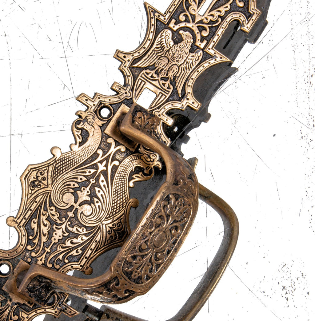 19th century 1870s high victorian-era ornamental cast brass oversized commercial door thumblatch with griffins