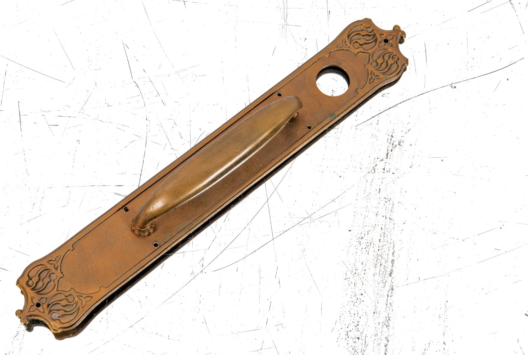 late 19th century ornamental cast bronze gothic style reading commercial store door entrance handle and backplate