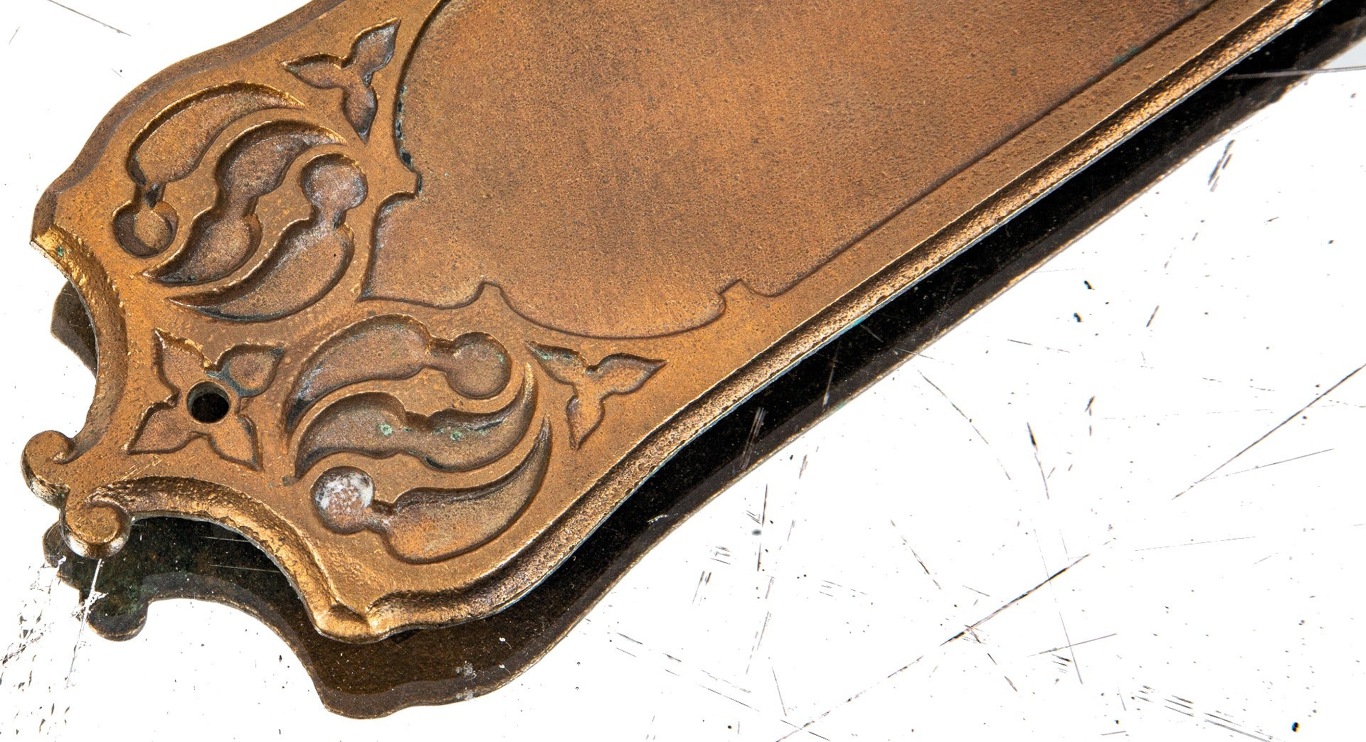 late 19th century ornamental cast bronze gothic style reading commercial store door entrance handle and backplate