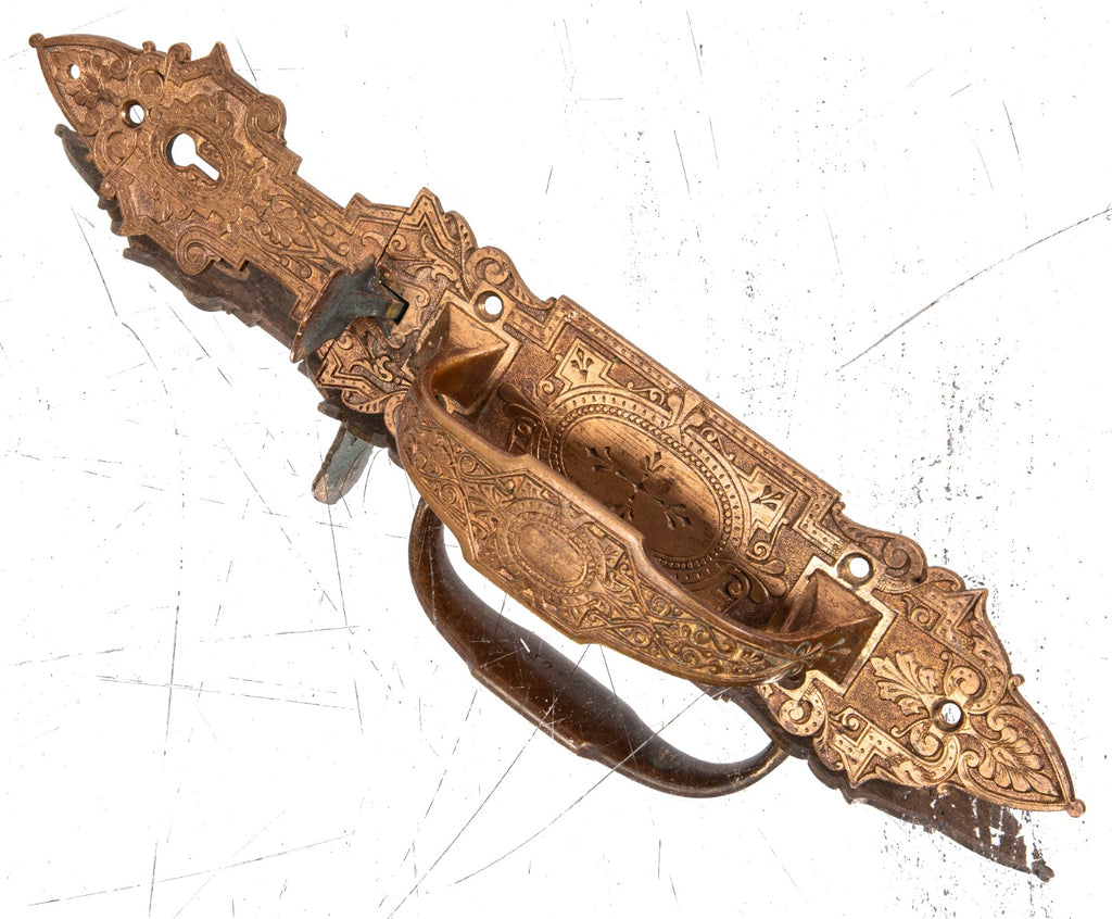 oversized 19th century american victorian-era ornamental cast bronze russell & erwin store door thumblatch handle