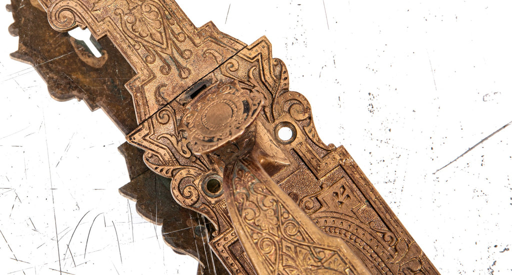 oversized 19th century american victorian-era ornamental cast bronze russell & erwin store door thumblatch handle