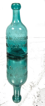 rare early to mid-1850's medium teal pontiled porter-shaped privy dug bottle with applied blob top manufactured for john and alexander dearborn in new york.