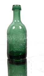 completely intact c. late 1840's light emerald green glass "knickerbocker" soda bottle manufactured for new york bottler samuel smith