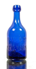 1850's antique american iron pontiled dark cobalt blue applied blobtop soda or mineral water bottle manufactured fort the burroughs wellcome company