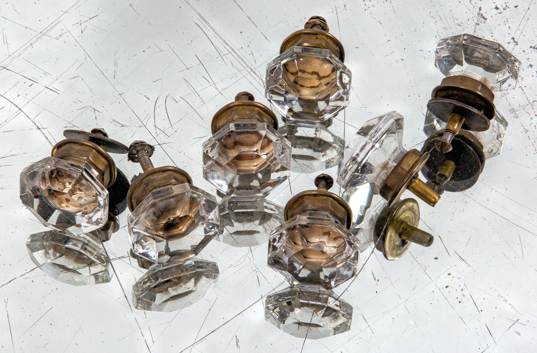 group of seven matching early 20th century vintage american medical cabinet pressed glass drawer pulls