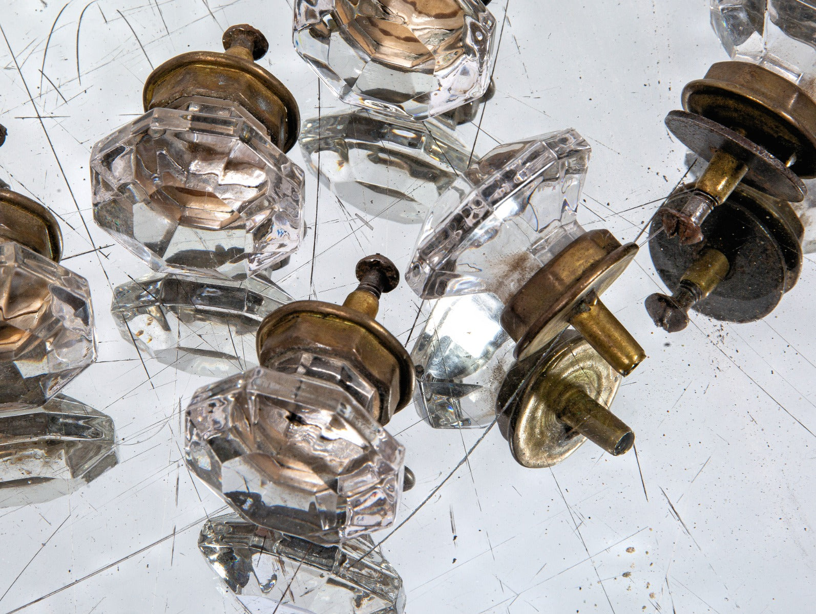 group of seven matching early 20th century vintage american medical cabinet pressed glass drawer pulls