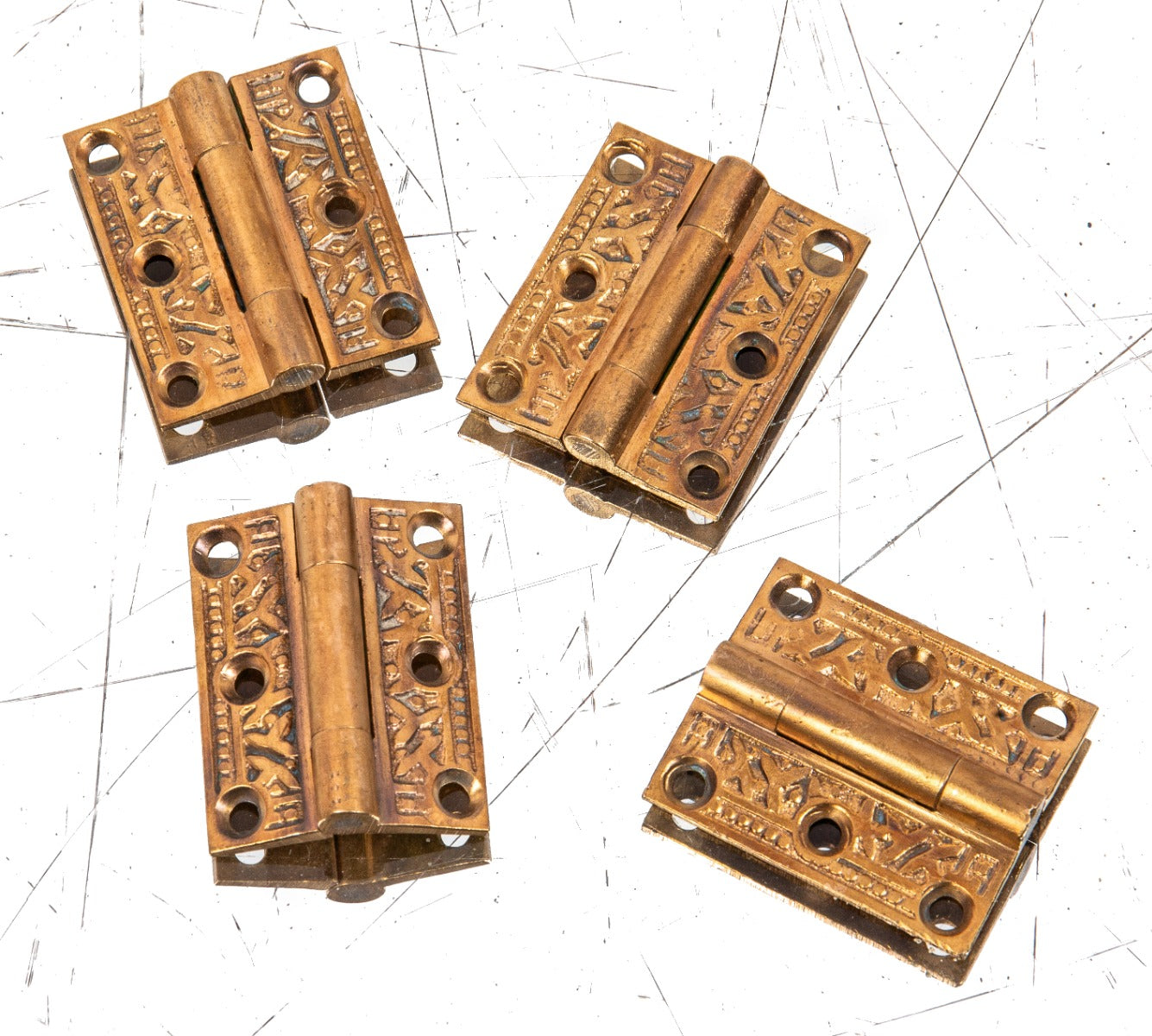 four matching 1880s eastlake style "rice" pattern ornamental cast bronze anglo-japanese shutter hinges