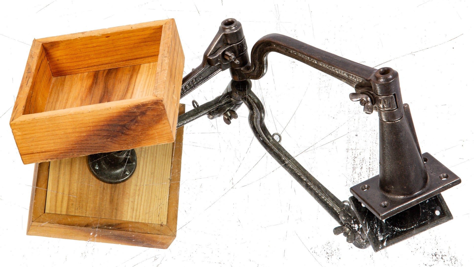 repurposed vintage american industrial o.c. white adjustable stand with custom hardwood card tray