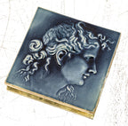 hard to find 19th century american antique architectural cobalt blue majolica glazed residential kensington fireplace figural tile