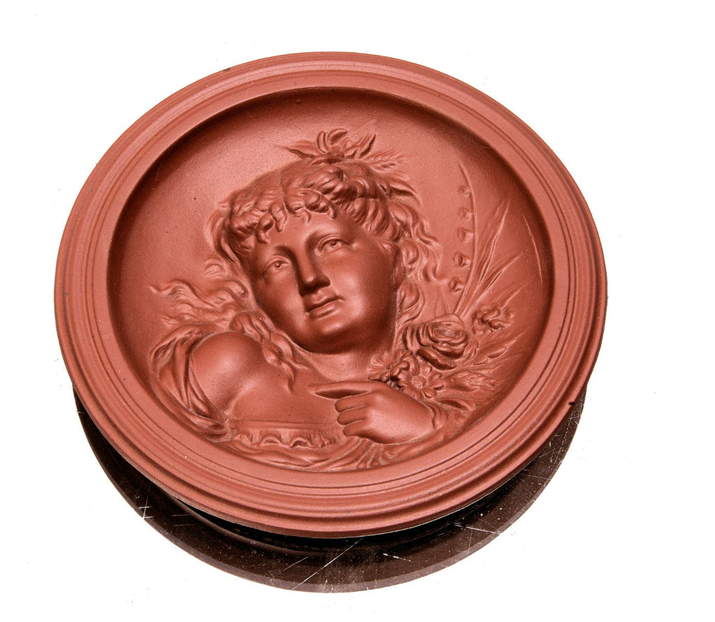 original red slip-glazed american victorian-era winkle terra cotta figural rondel salesman sample