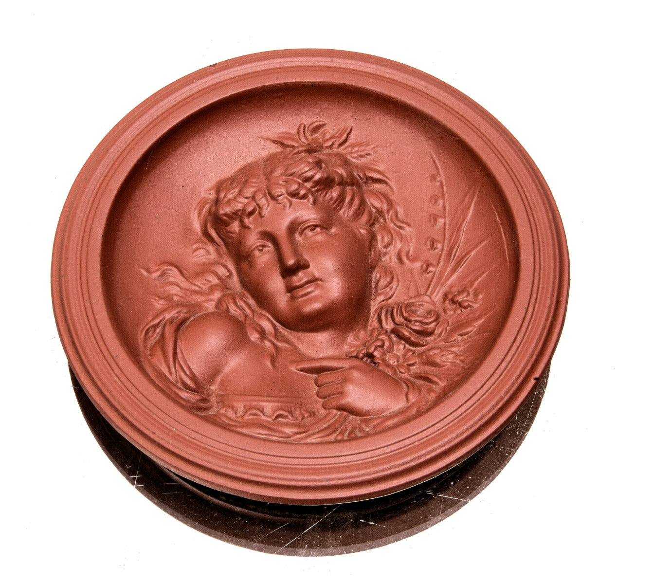 original red slip-glazed american victorian-era winkle terra cotta figural rondel salesman sample