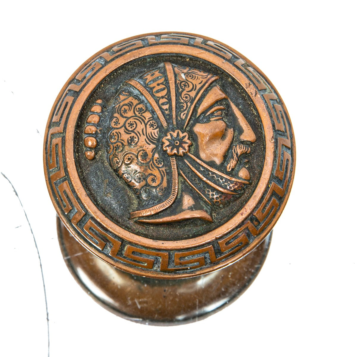 single 19th century antique american figural "greek head" knurled edge doorknob with neogrec border