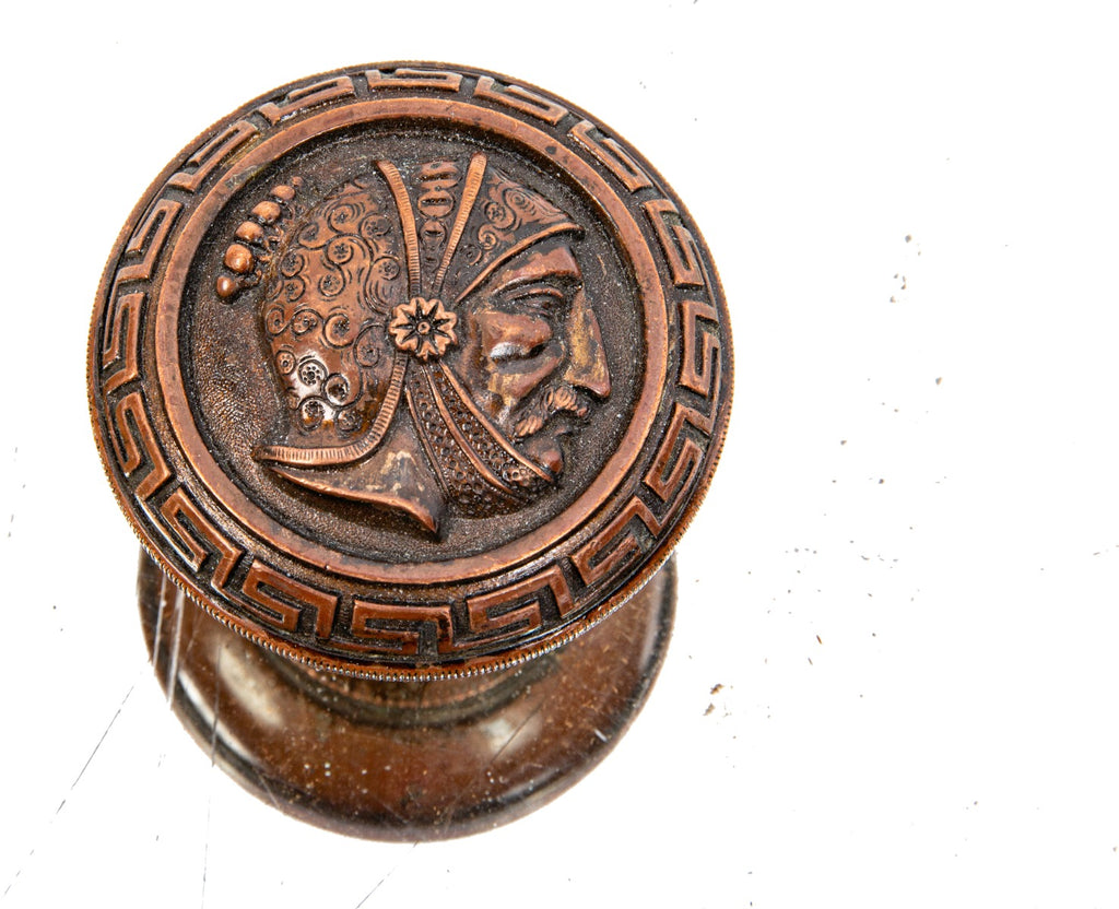 1870's original antique american ornamental copper figural greek or roman solider doorknob with neogrec border