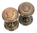 matching set of original 1870s yale & towne "roman head" ornamental cast bronze figural doorknobs with nicely aged patina