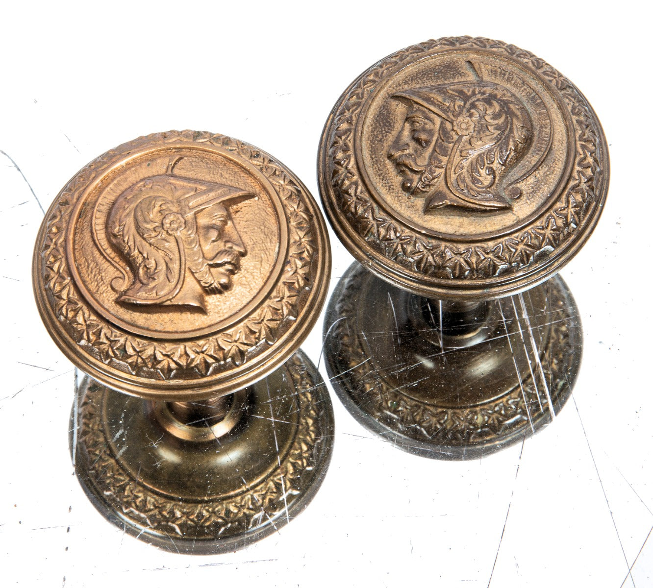 matching set of original 1870s yale & towne "roman head" ornamental cast bronze figural doorknobs with nicely aged patina