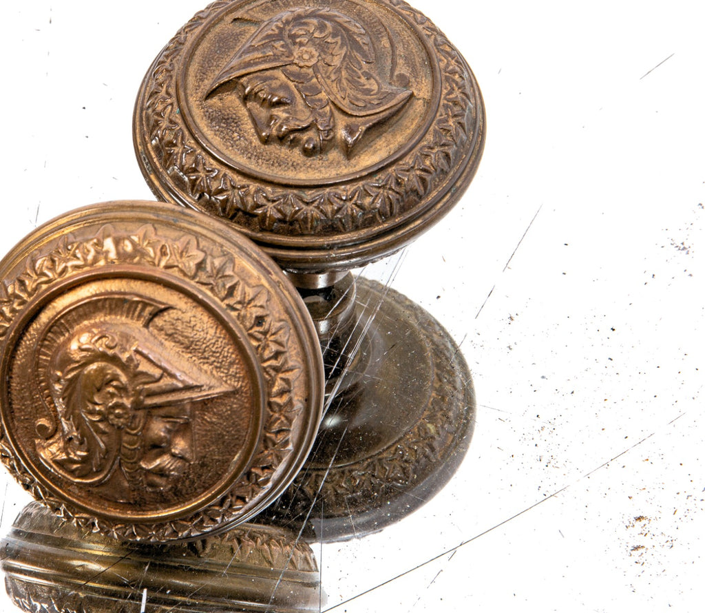 matching set of original 1870s yale & towne "roman head" ornamental cast bronze figural doorknobs with nicely aged patina