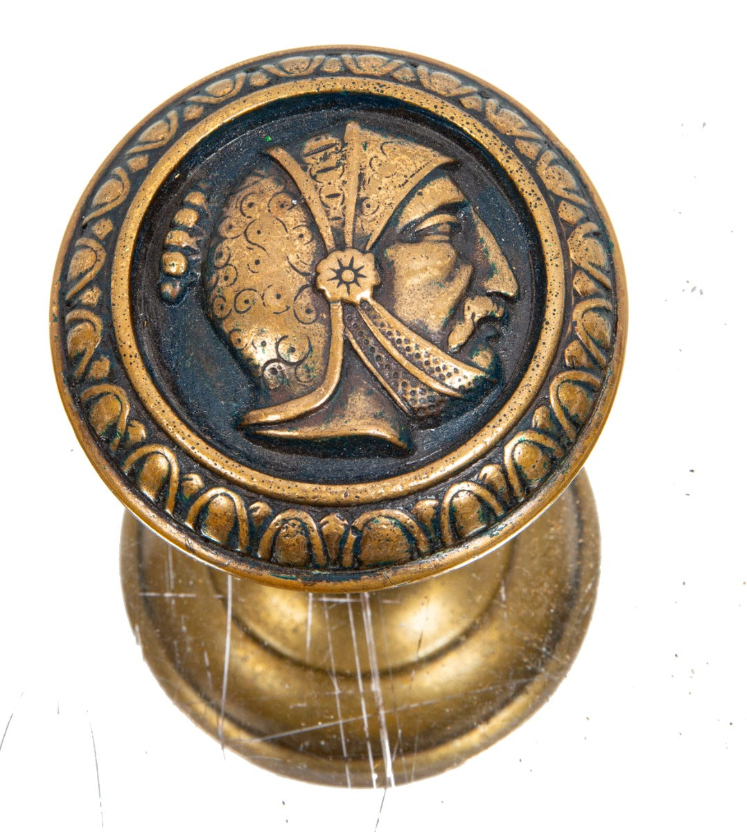 rare original 1880 ornamental cast bronze "greek head" soldier doorknob executed by the mallory wheeler company